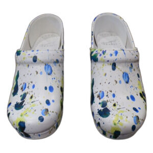 Dansko White Paint Splash Leather Clogs Shoes Women's Size 5.5 New Without Box